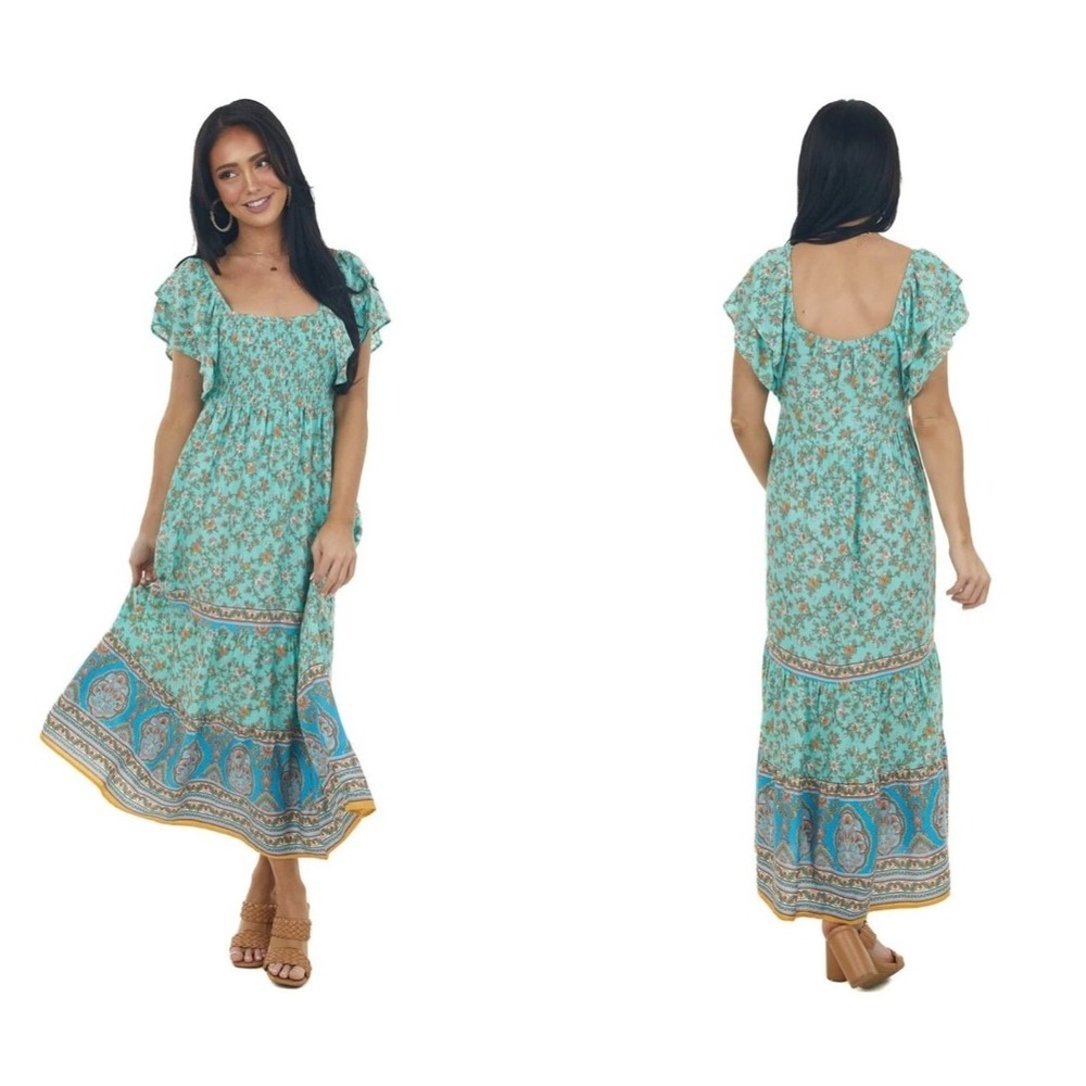 NEW Umgee Womens Medium Maxi Dress Smocked Flutter Floral Cottage Boho Garden